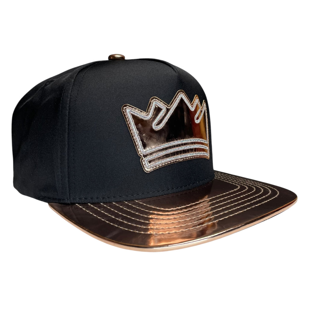 Black & Bronze Vinyl Snapback Hat – King Crown Logo, Flat Brim, Streetwear Cap