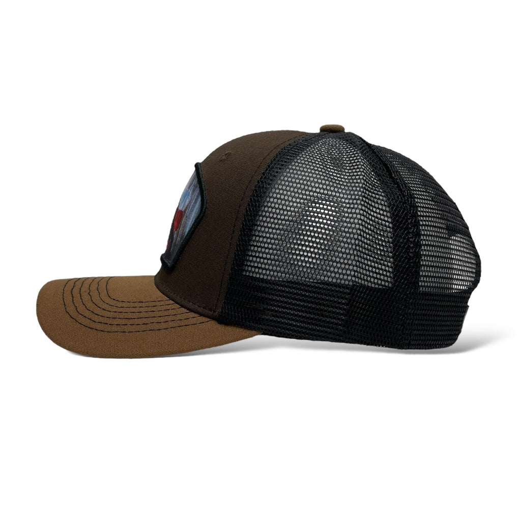 Brown Snapback Trucker Hat - Cowboy Riding Horse with Texas Flag Patch