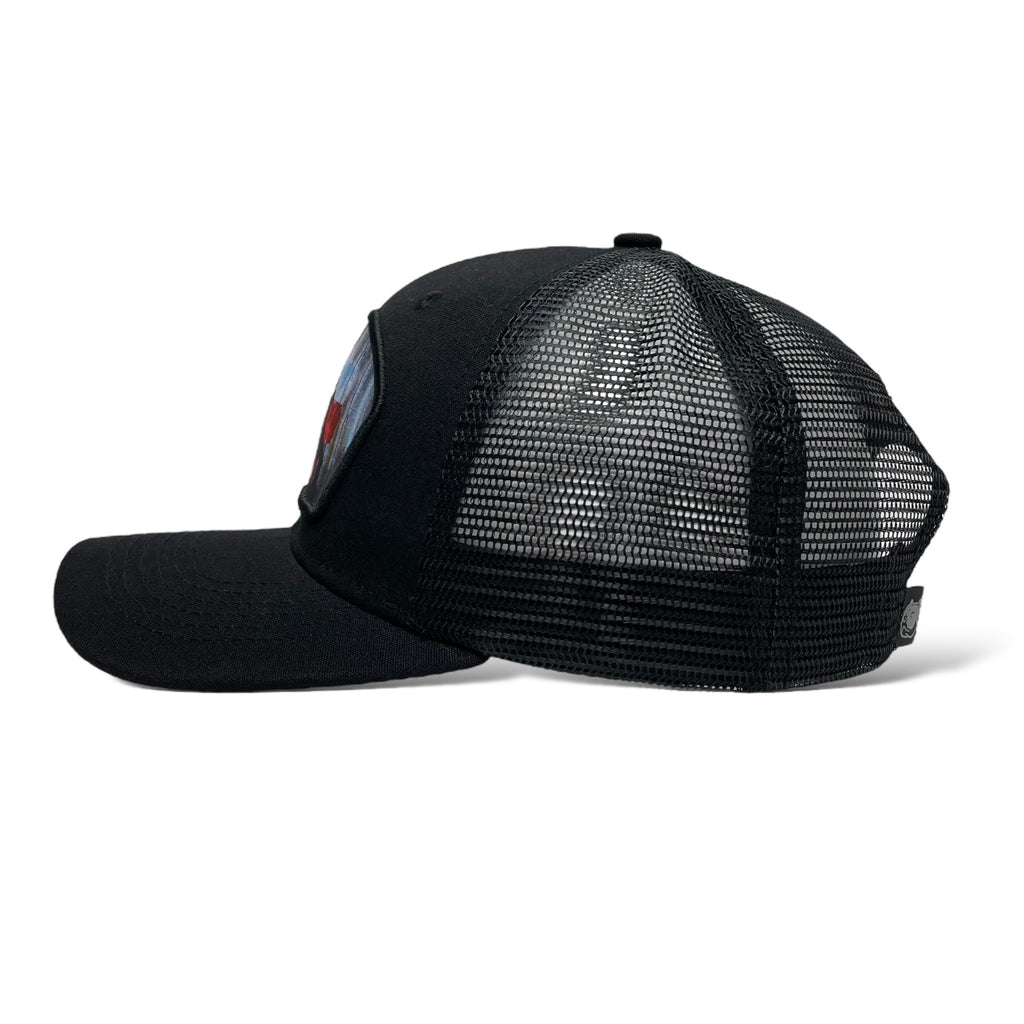 Black Snapback Trucker Hat - Cowboy Riding Horse with Texas Flag Patch