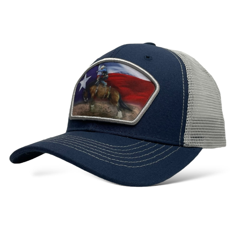 Cowboy Bucking Bronco Snapback Trucker Hat with Texas Flag Patch - Navy & White