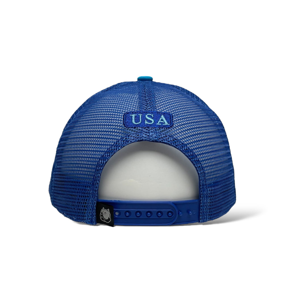 Wholesale Aqua Blue & Blue Trucker Hat with USA Flag Patch - Snapback