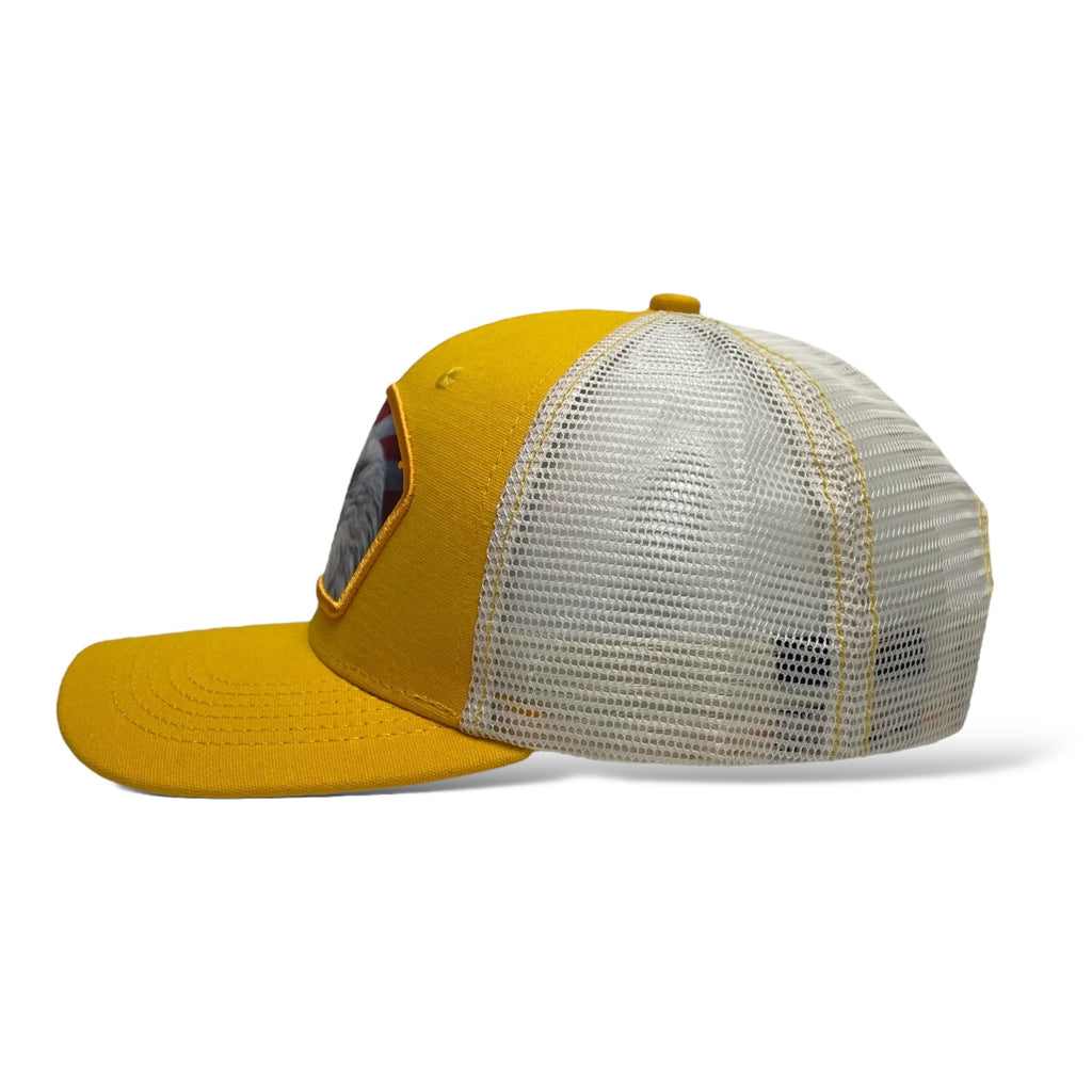 Yellow and White Trucker Hat with USA Flag & Eagle Patch - Wholesale Snapback