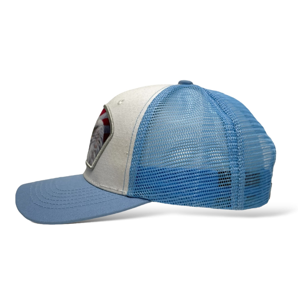 Light Blue & White Snapback Trucker Hat with USA Flag & Eagle Patch – Wholesale Price