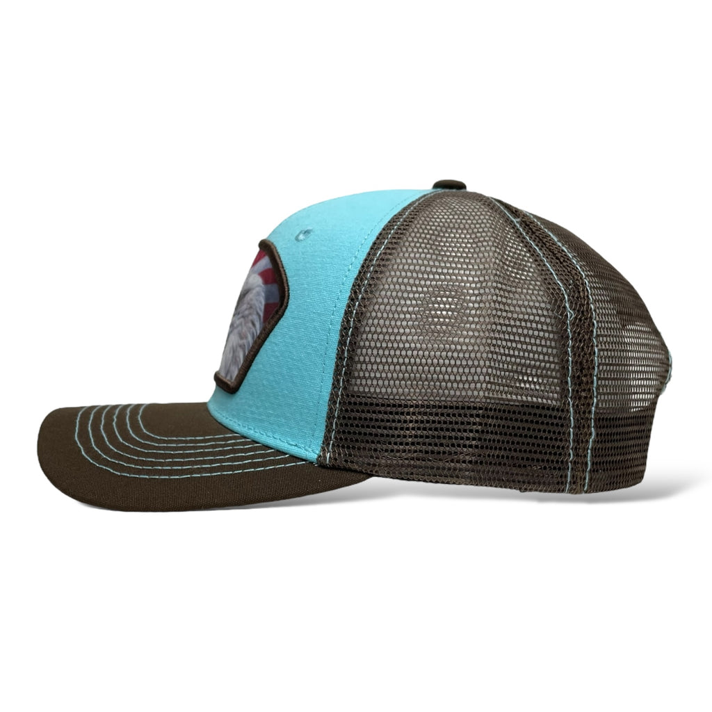 Wholesale Sky Blue & Brown Trucker Hat with USA Flag Patch and Eagle - Snapback Cap