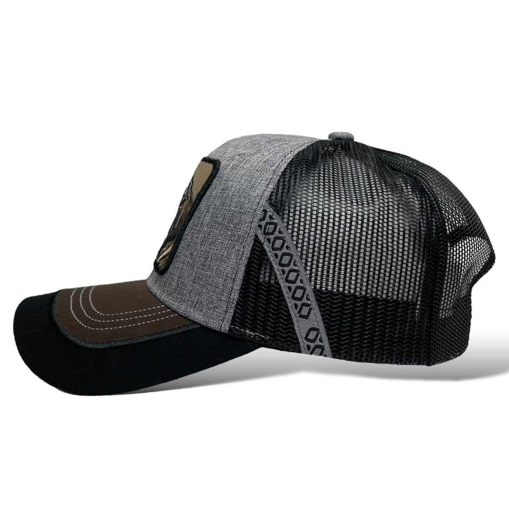 Gray Snapback Trucker Hat with Embroidered Bull Patch - Mesh Back