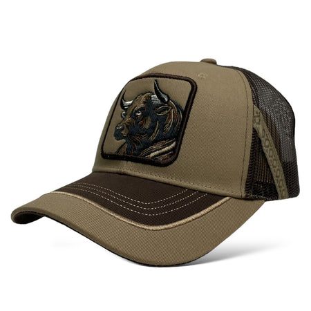 Back View of Khaki Trucker Hat with Mesh and Bull Patch