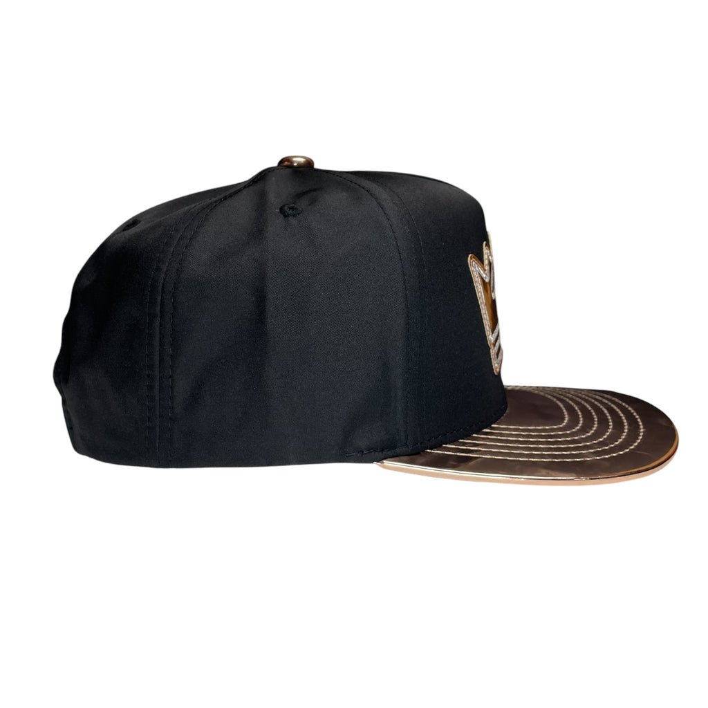 Black & Bronze Vinyl Snapback Hat – King Crown Logo, Flat Brim, Streetwear Cap