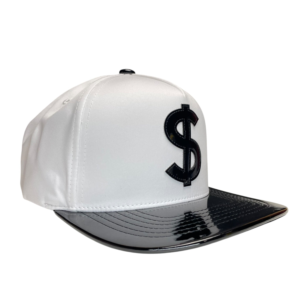 Dollar Sign Money Logo Snapback Hat White and Black Vinyl Flat Brim