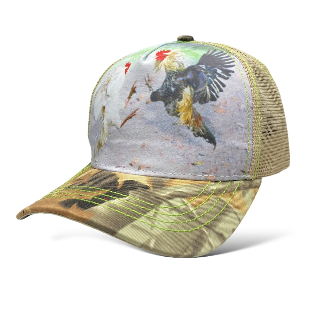 Adjustable Trucker Hat with Roosters Print and Camo Curved Brim, Western Style Cap for Men and Women