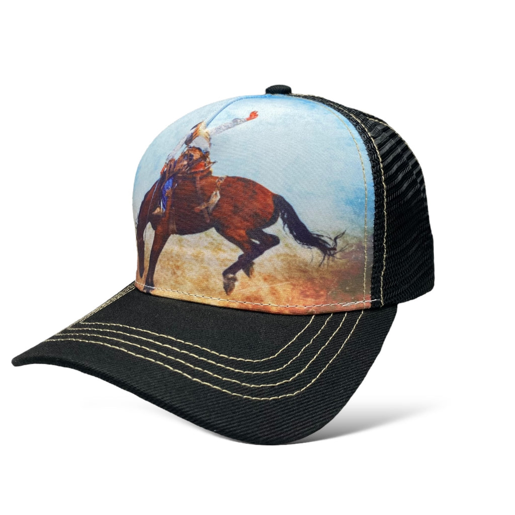 Adjustable Trucker Hat with Cowboy Taming Bronco Print - Western Style Cap for Men and Women