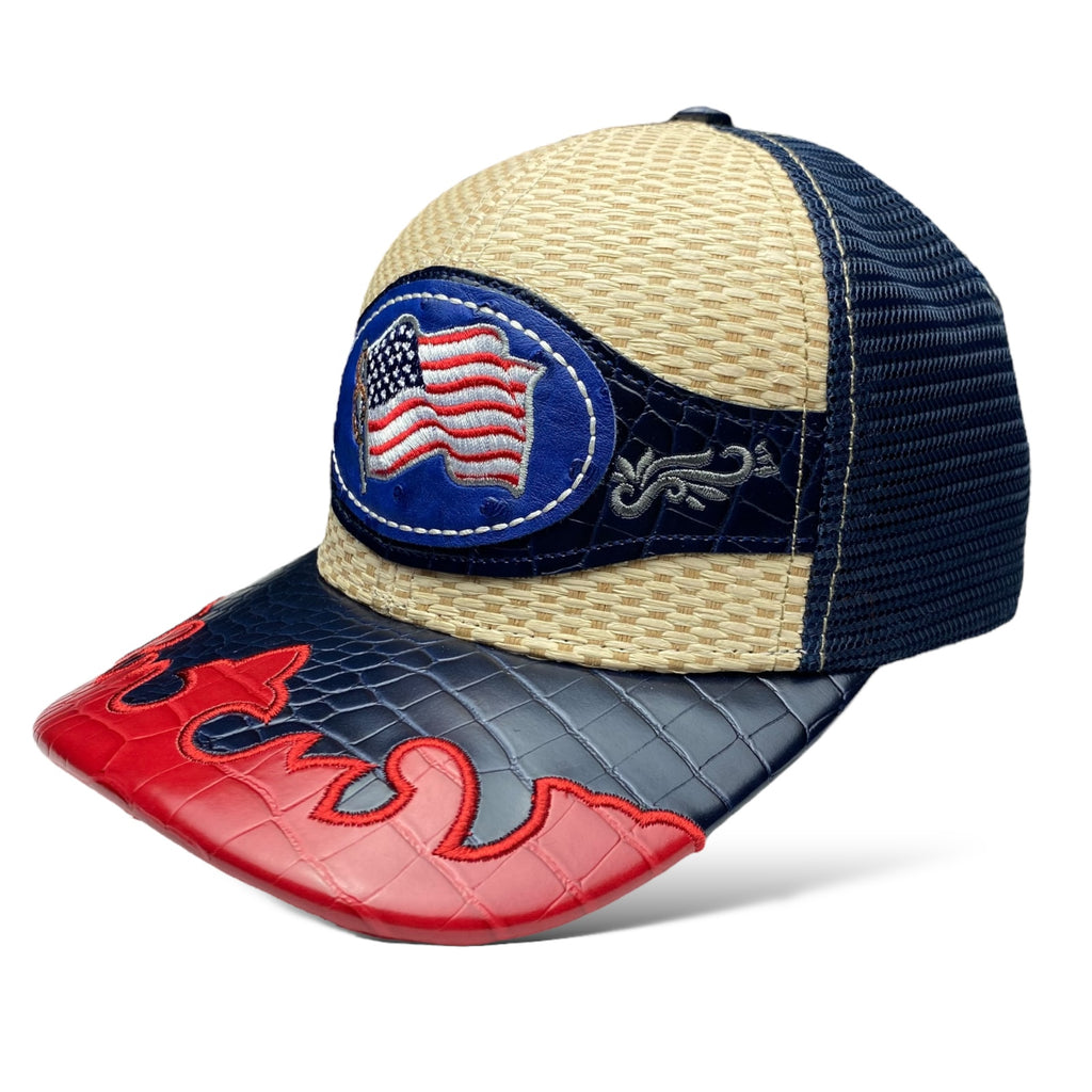 Embroidered America Flag Straw Trucker Hat Snapback, Western Style Baseball Cap