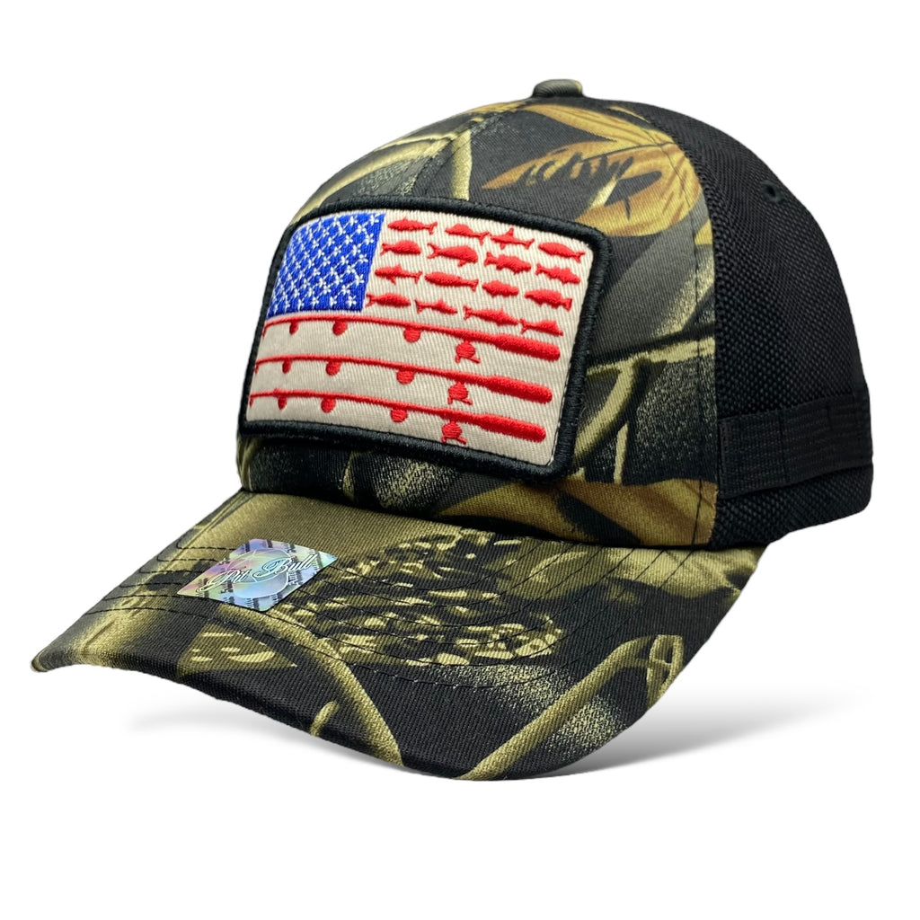 Camouflage Fishing Cap with Embroidered American Flag Pocket Patch | Wholesale