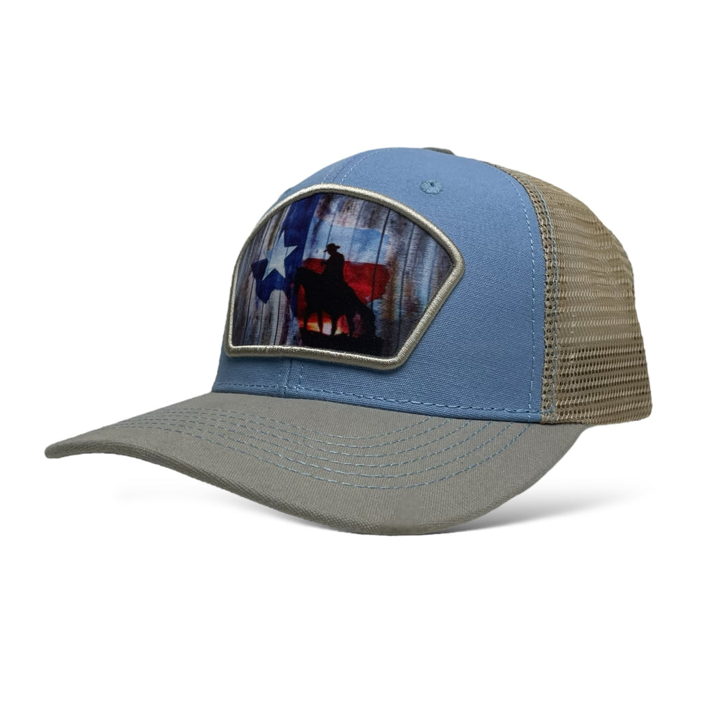 Snapback Trucker Hat - Cowboy Riding Horse & Texas Flag Patch