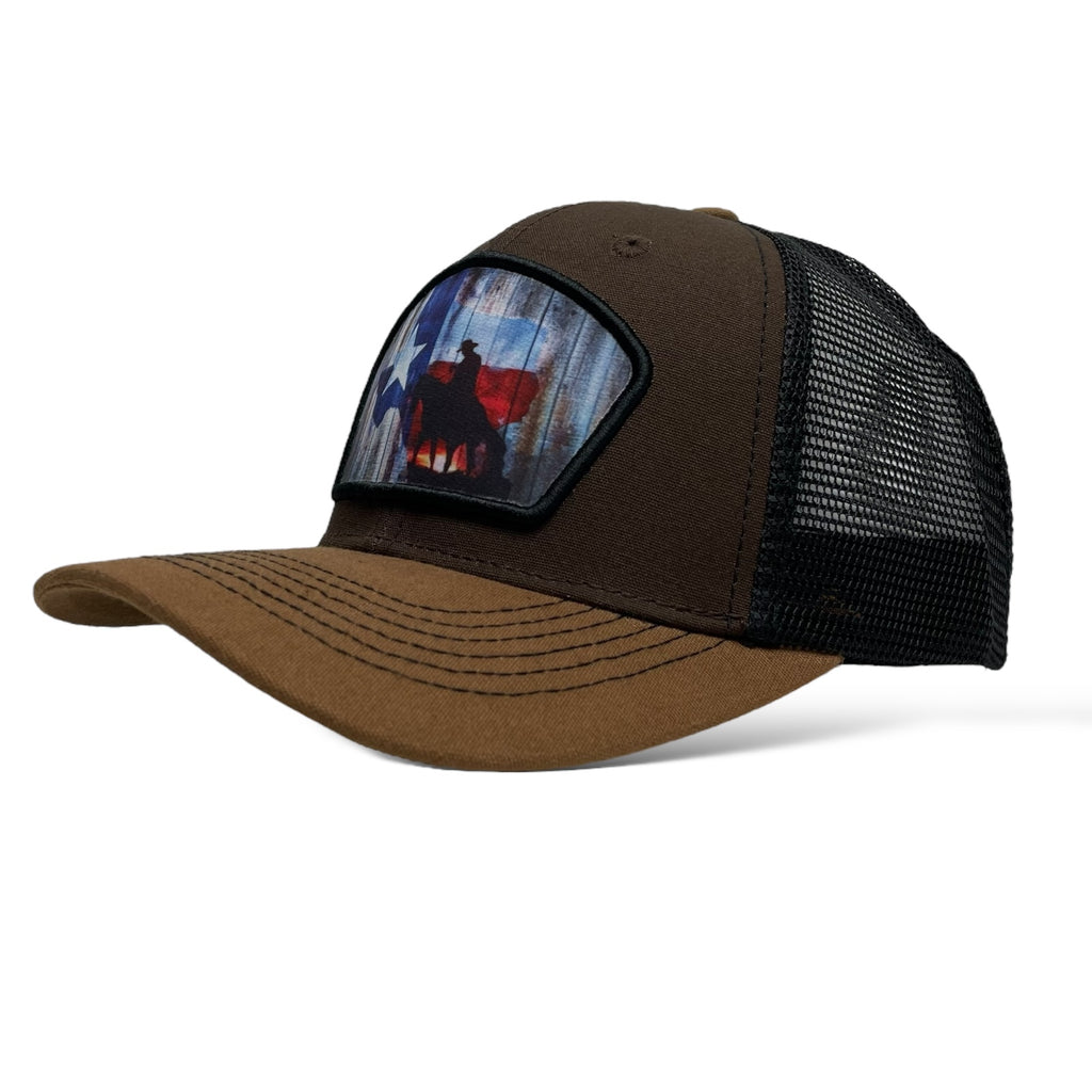 Brown Snapback Trucker Hat - Cowboy Riding Horse with Texas Flag Patch