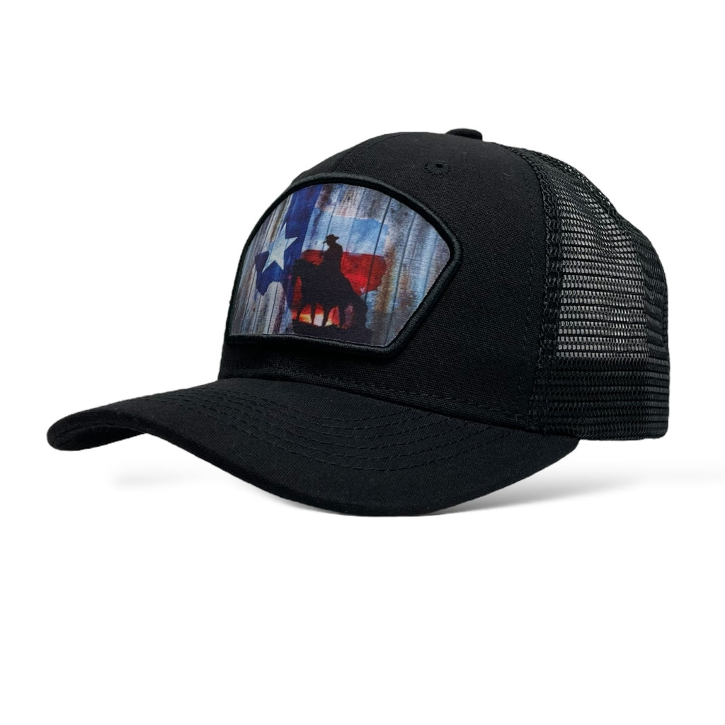 Black Snapback Trucker Hat - Cowboy Riding Horse with Texas Flag Patch