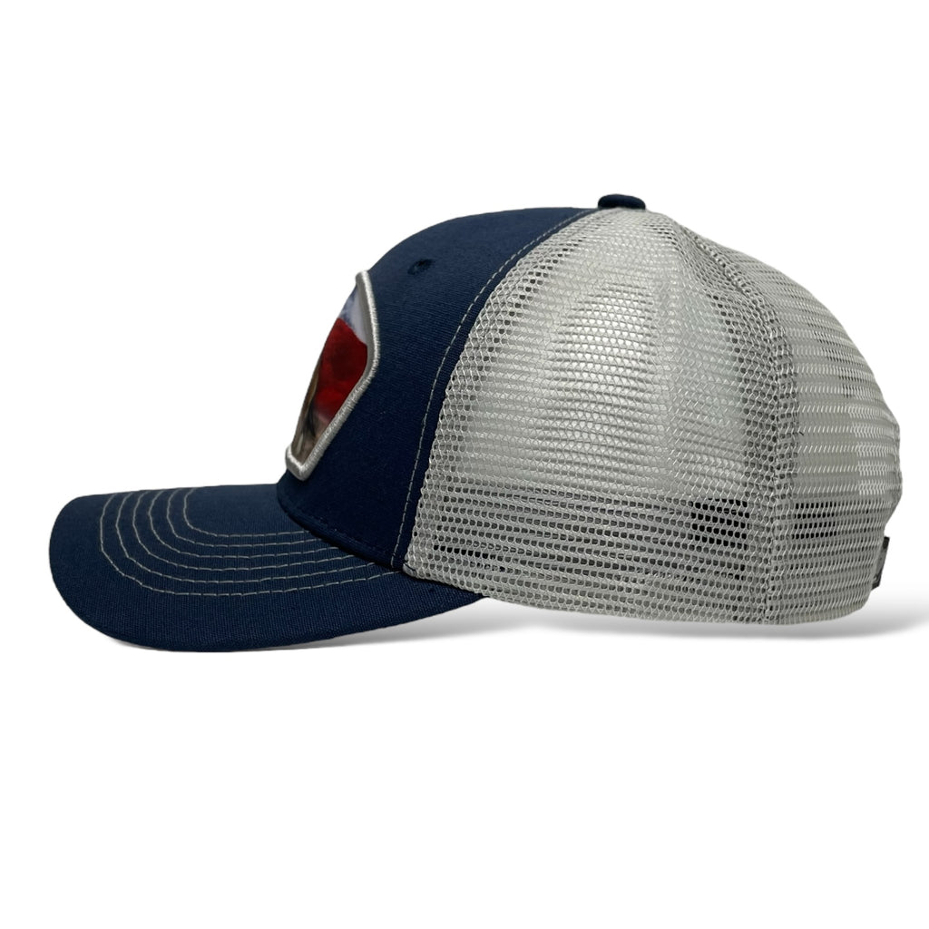 Cowboy Bucking Bronco Snapback Trucker Hat with Texas Flag Patch - Navy & White