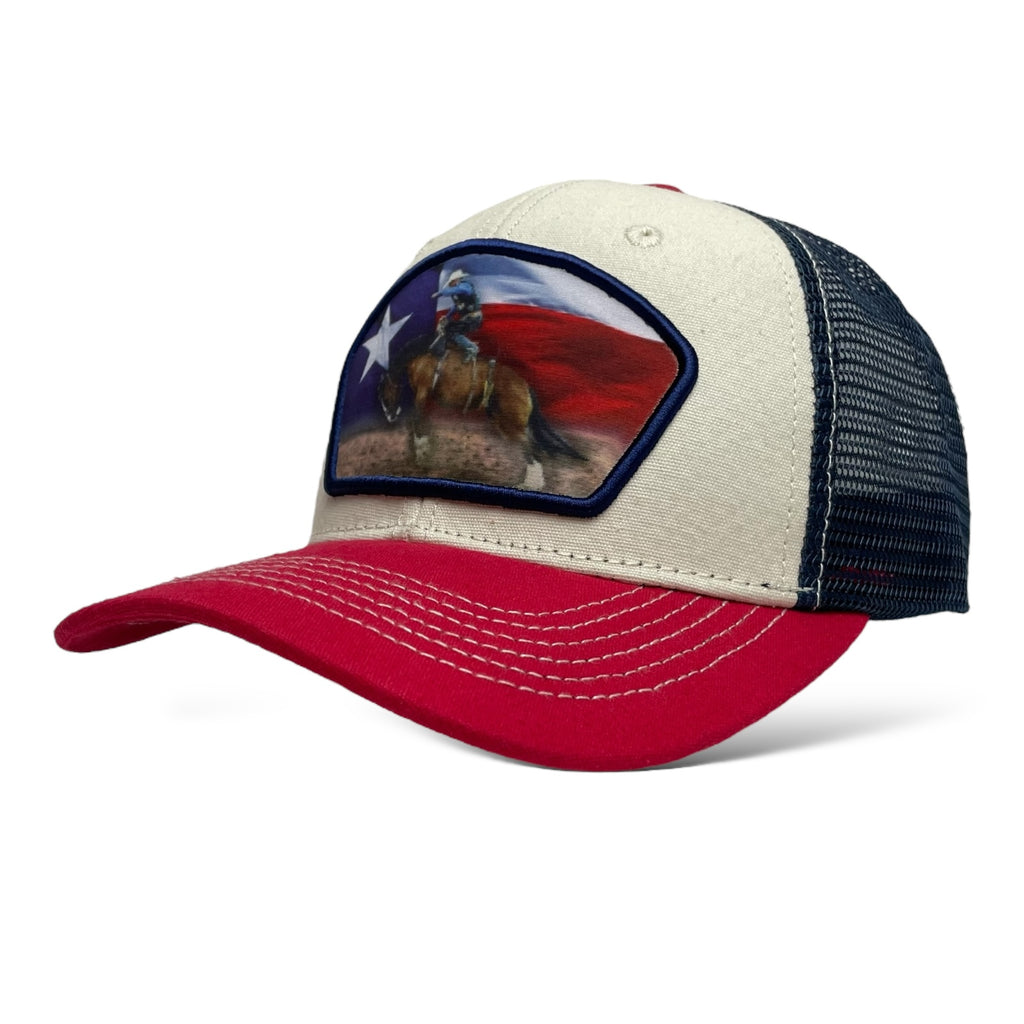 Cowboy Bucking Bronco Snapback Trucker Hat with Texas Flag Patch - Beige