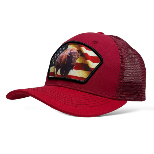 Snapback trucker hat with USA flag & bison patch, mesh back, and adjustable fit.
