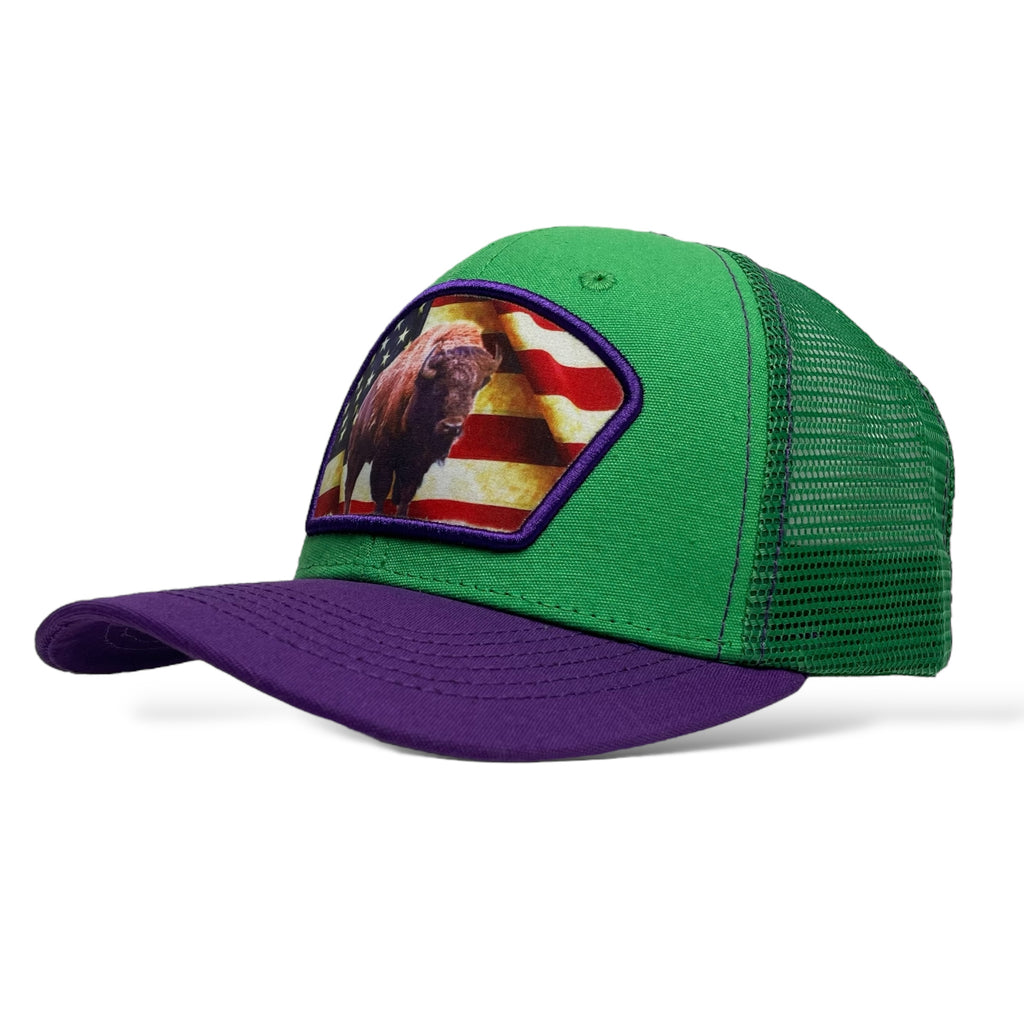 Wholesale Snapback Trucker Hat - USA Flag & American Bison - Green/Purple