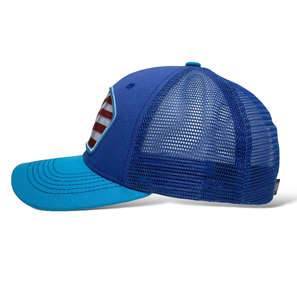 Wholesale Aqua Blue & Blue Trucker Hat with USA Flag Patch - Snapback