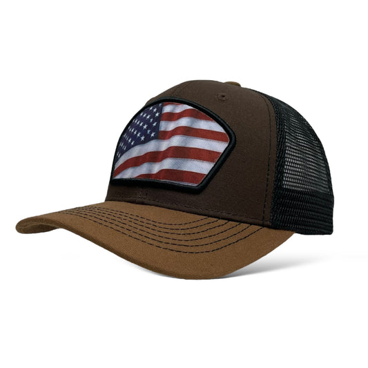 Brown trucker hat with USA flag patch, snapback closure, and mesh back.