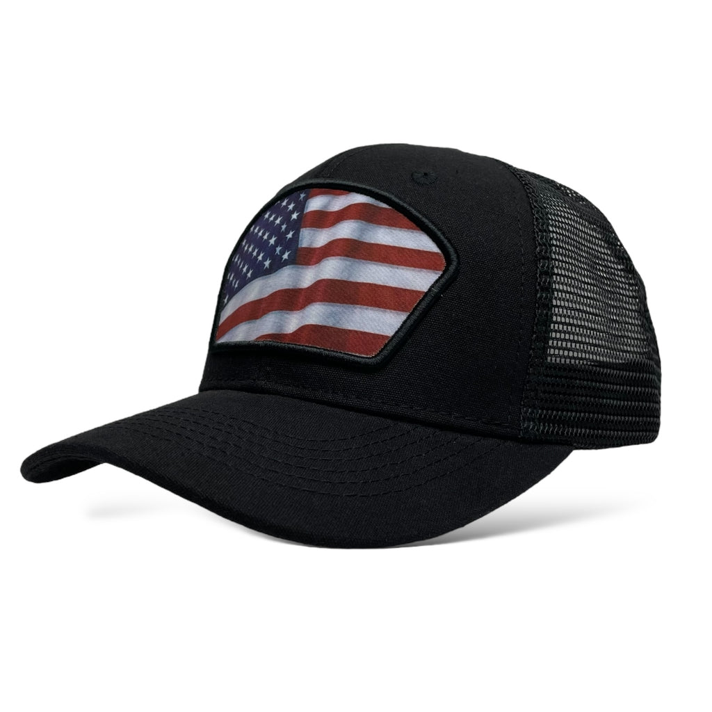 Wholesale Black Trucker Hat with Printed USA Flag Patch Snapback