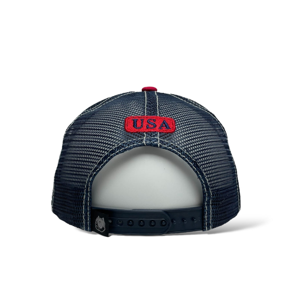 Wholesale Trucker Hat - Beige, Red & Navy Snapback with USA Flag Printed Patch