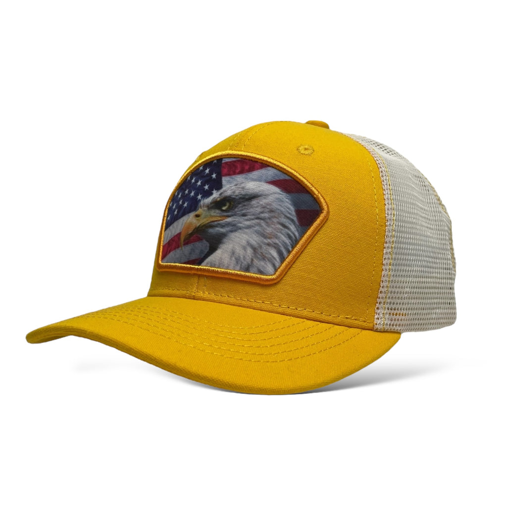 Yellow and White Trucker Hat with USA Flag & Eagle Patch - Wholesale Snapback