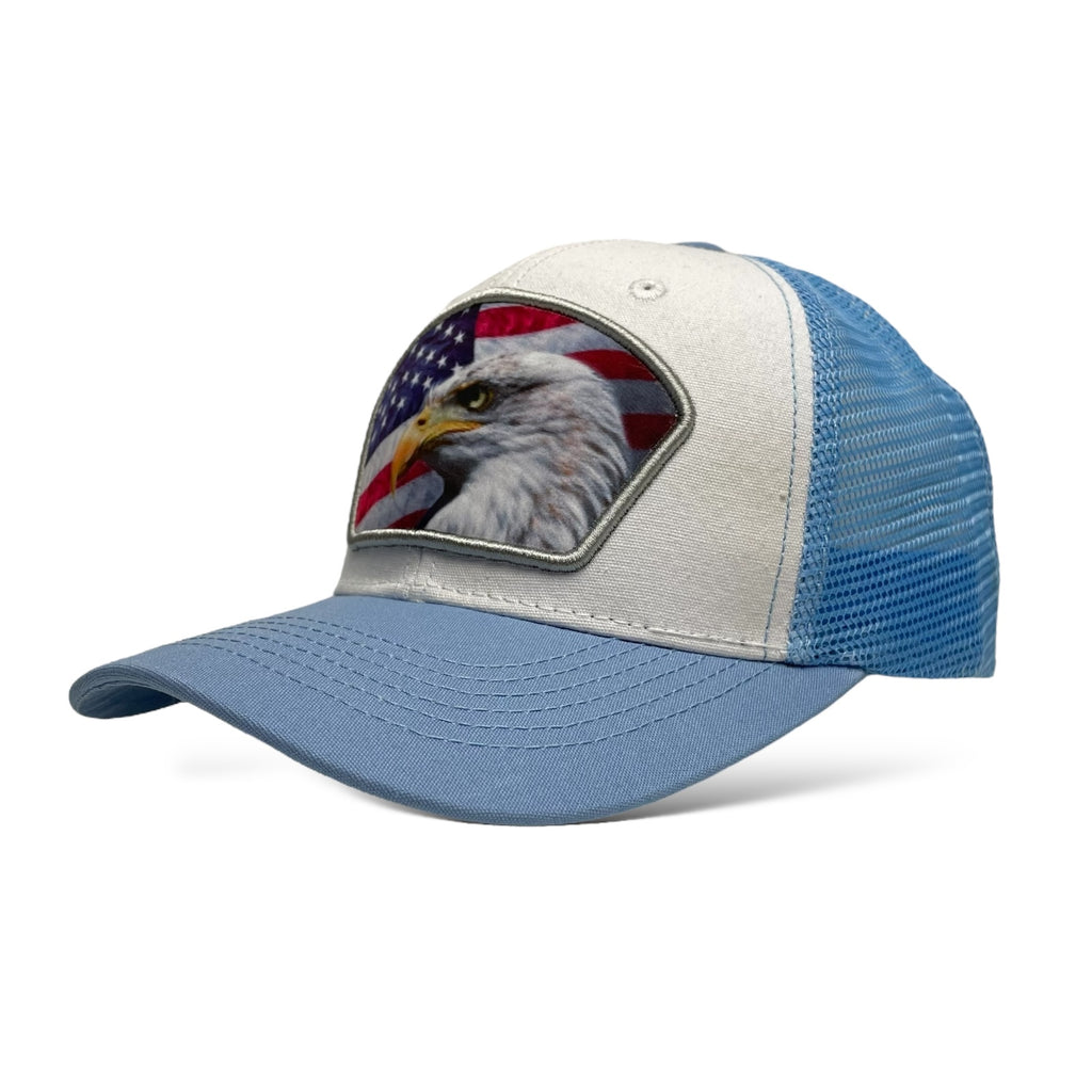 Light Blue & White Snapback Trucker Hat with USA Flag & Eagle Patch – Wholesale Price