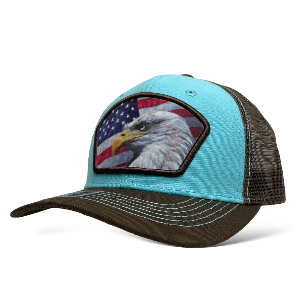 Wholesale Sky Blue & Brown Trucker Hat with USA Flag Patch and Eagle - Snapback Cap