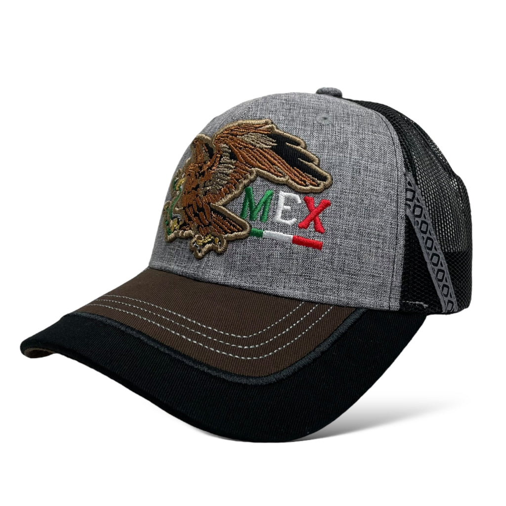 Gray Mesh Back Trucker Hat with Embroidered Eagle and Mexico - Snapback Closure