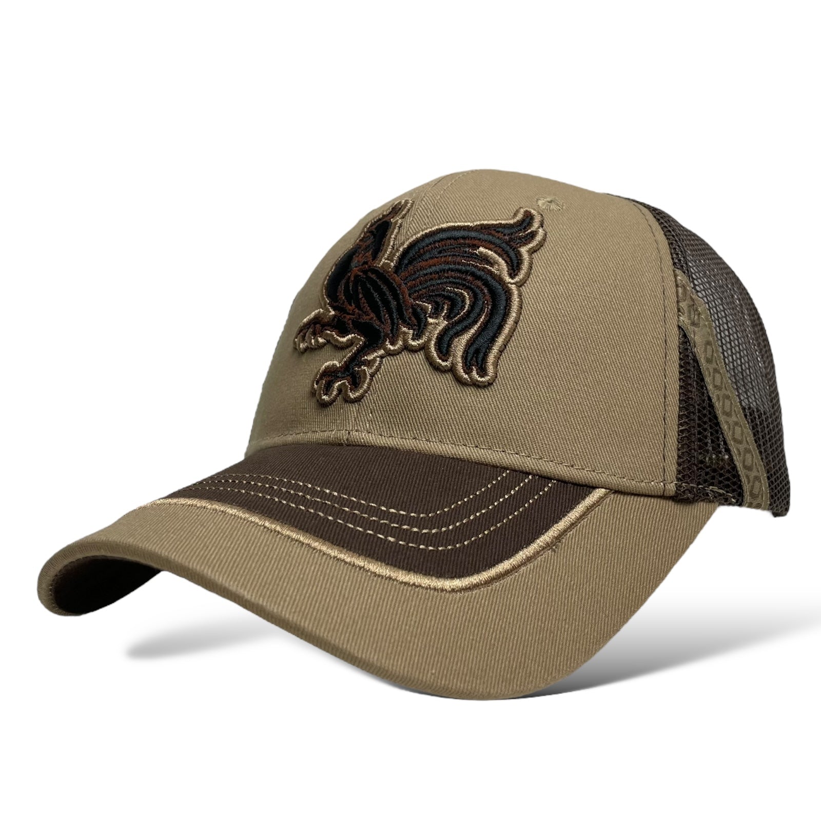 Mesh Back Trucker Hat with Rooster Design - Khaki Snapback