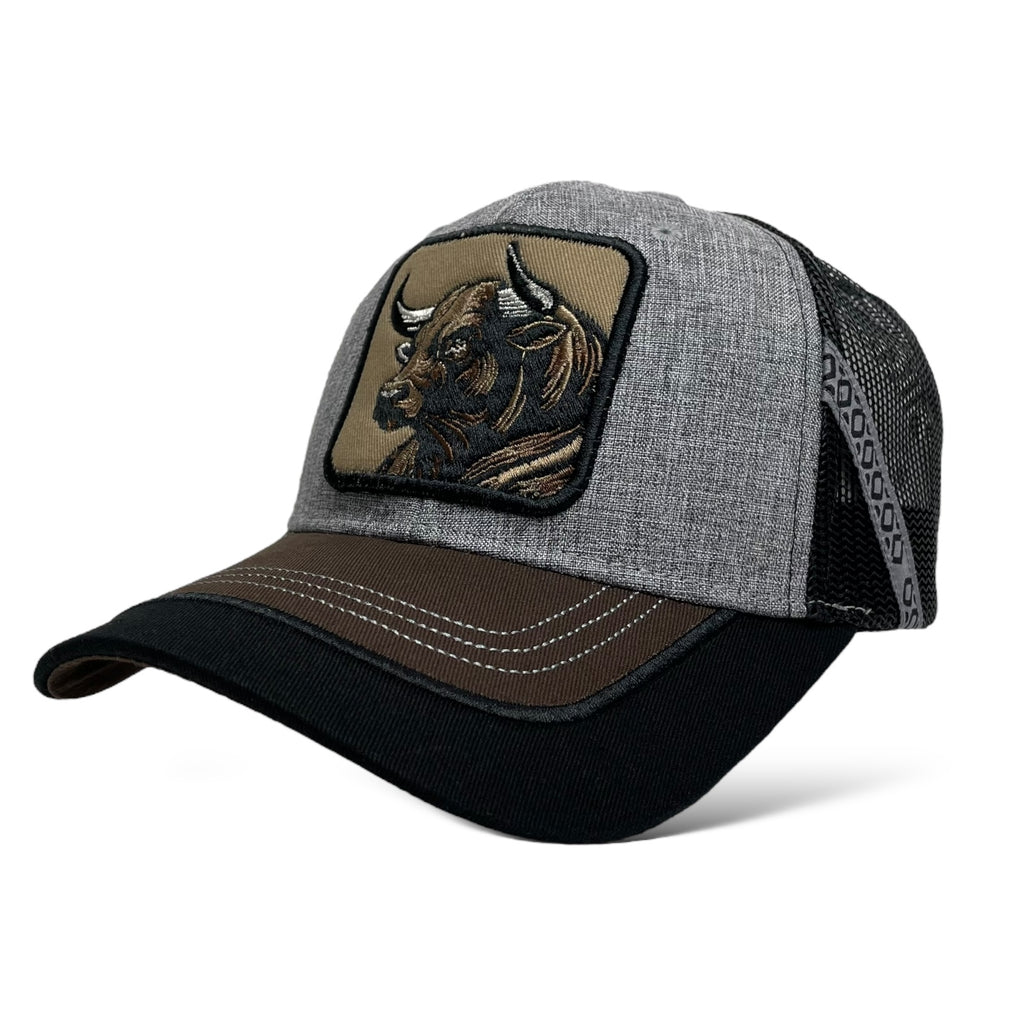 Gray Snapback Trucker Hat with Embroidered Bull Patch - Mesh Back