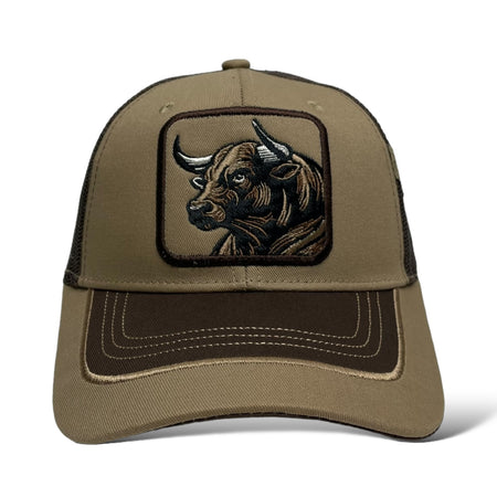 Side View of Khaki Snapback Trucker Hat with Bull Patch