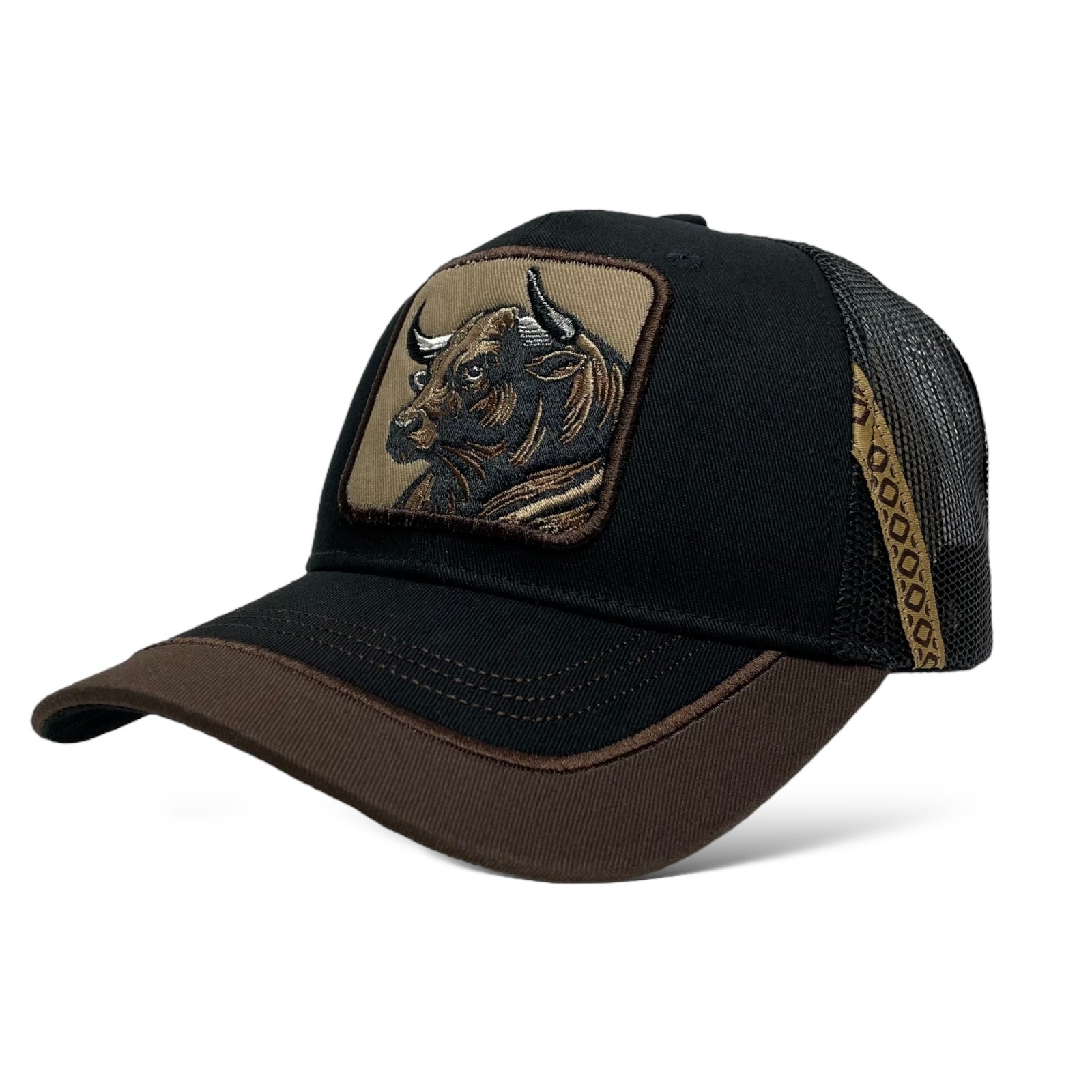 Side View of Khaki Snapback Trucker Hat with Bull Patch