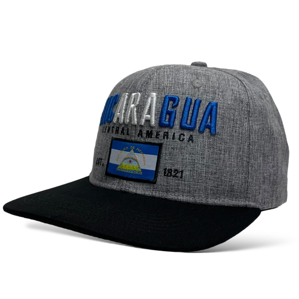 Gorra Baseball Snapback Gris con Bandera de Nicaragua - Visera Plana