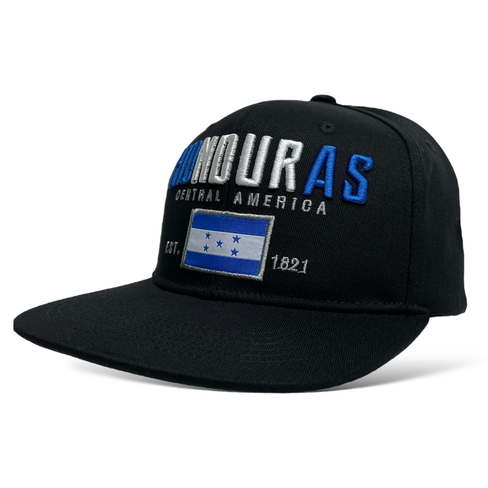 Vista detallada de la gorra snapback negra con diseño de bandera de Honduras.