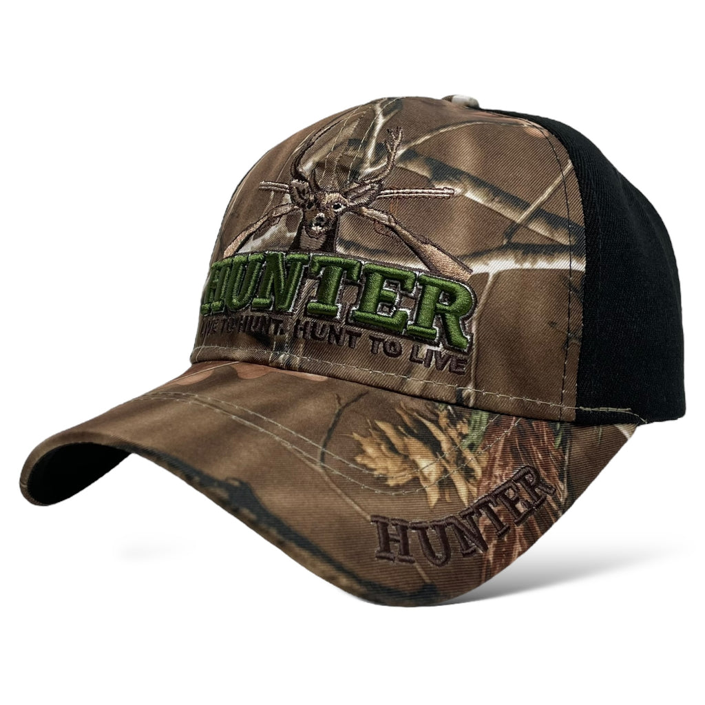 Outdoor men's cap with Hunter embroidery and camouflage deer print