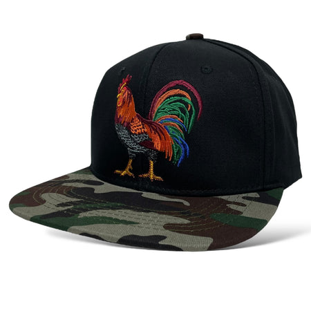 Flat brim black camouflage snapback cap with rooster design