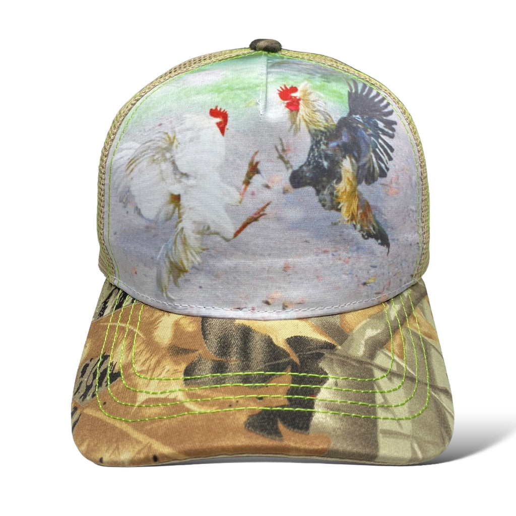 Adjustable Trucker Hat with Roosters Print and Camo Curved Brim, Western Style Cap for Men and Women