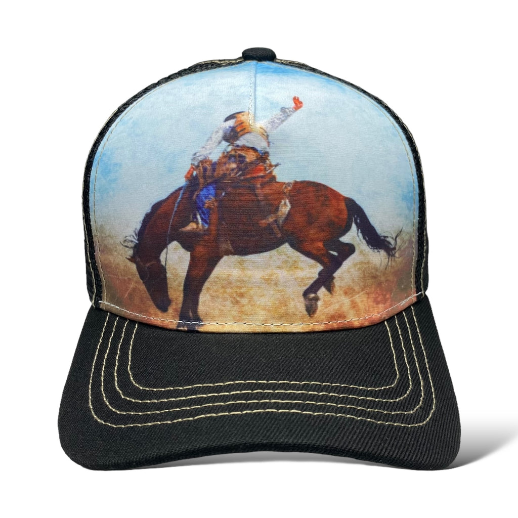 Adjustable Trucker Hat with Cowboy Taming Bronco Print - Western Style Cap for Men and Women