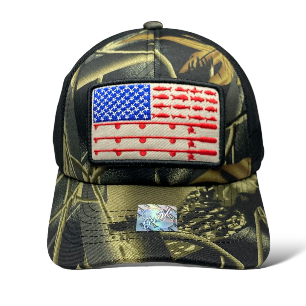 Camouflage Fishing Cap with Embroidered American Flag Pocket Patch | Wholesale