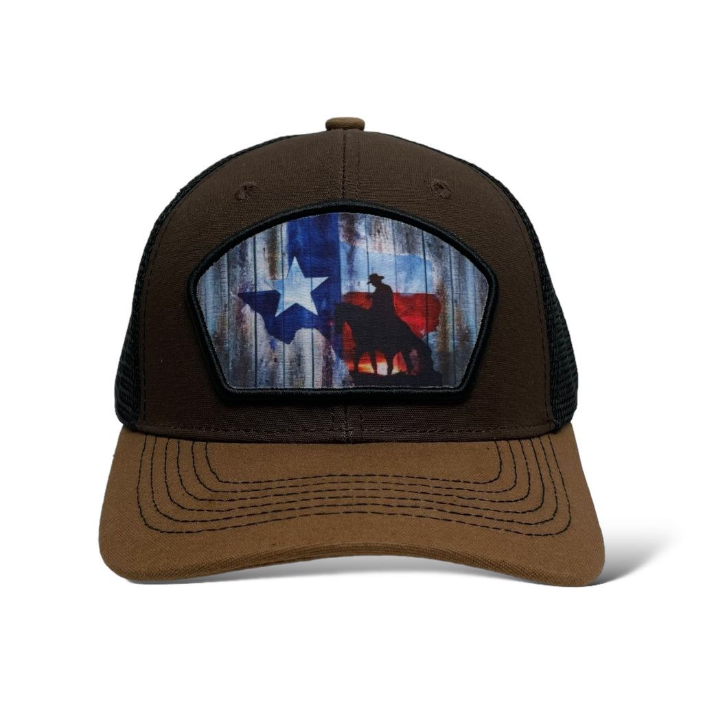 Wholesale Brown trucker hat with cowboy riding horse and Texas flag patch