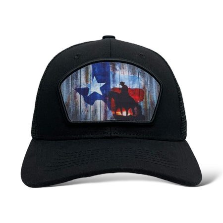 Wholesale Black trucker hat with cowboy riding horse and Texas flag patch