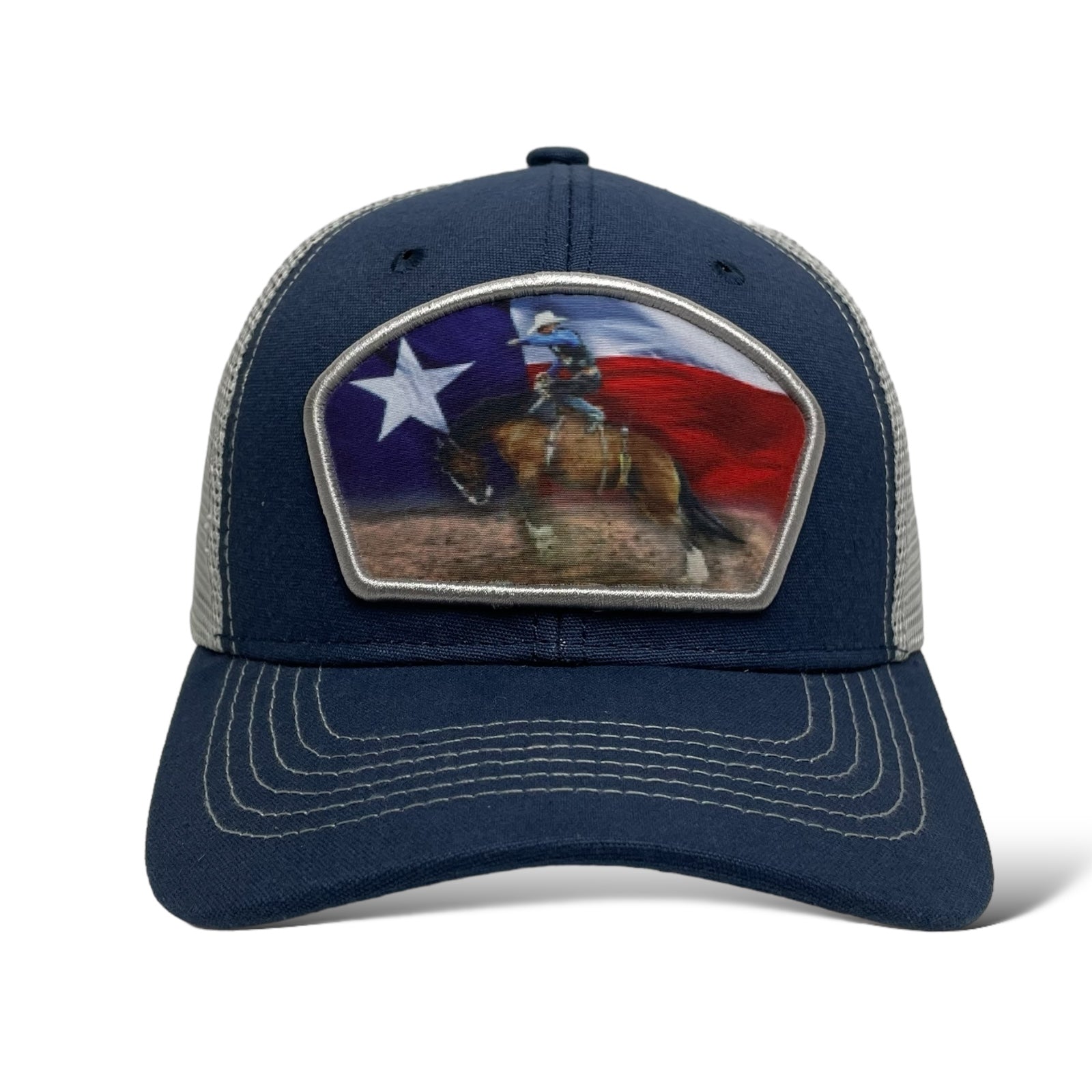 Wholesale cowboy bronco snapback hat in Navy and White with Texas flag design