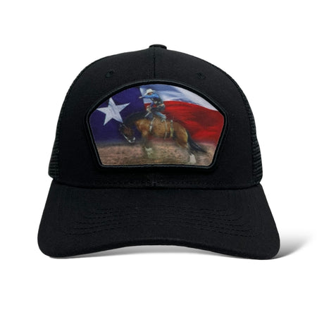 Snapback trucker hat featuring cowboy riding bronco and Texas flag