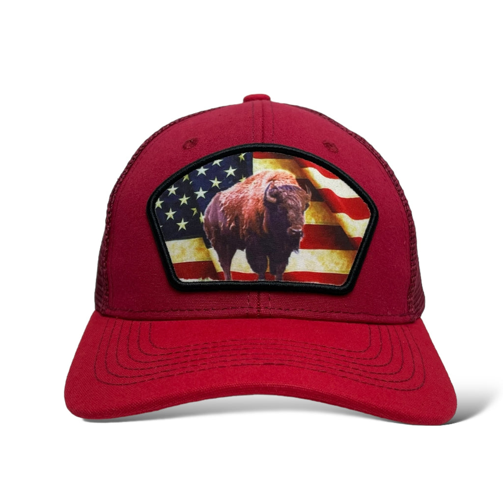 Wholesale Snapback Trucker Hat in Burgundy and Red with USA Flag and Bison