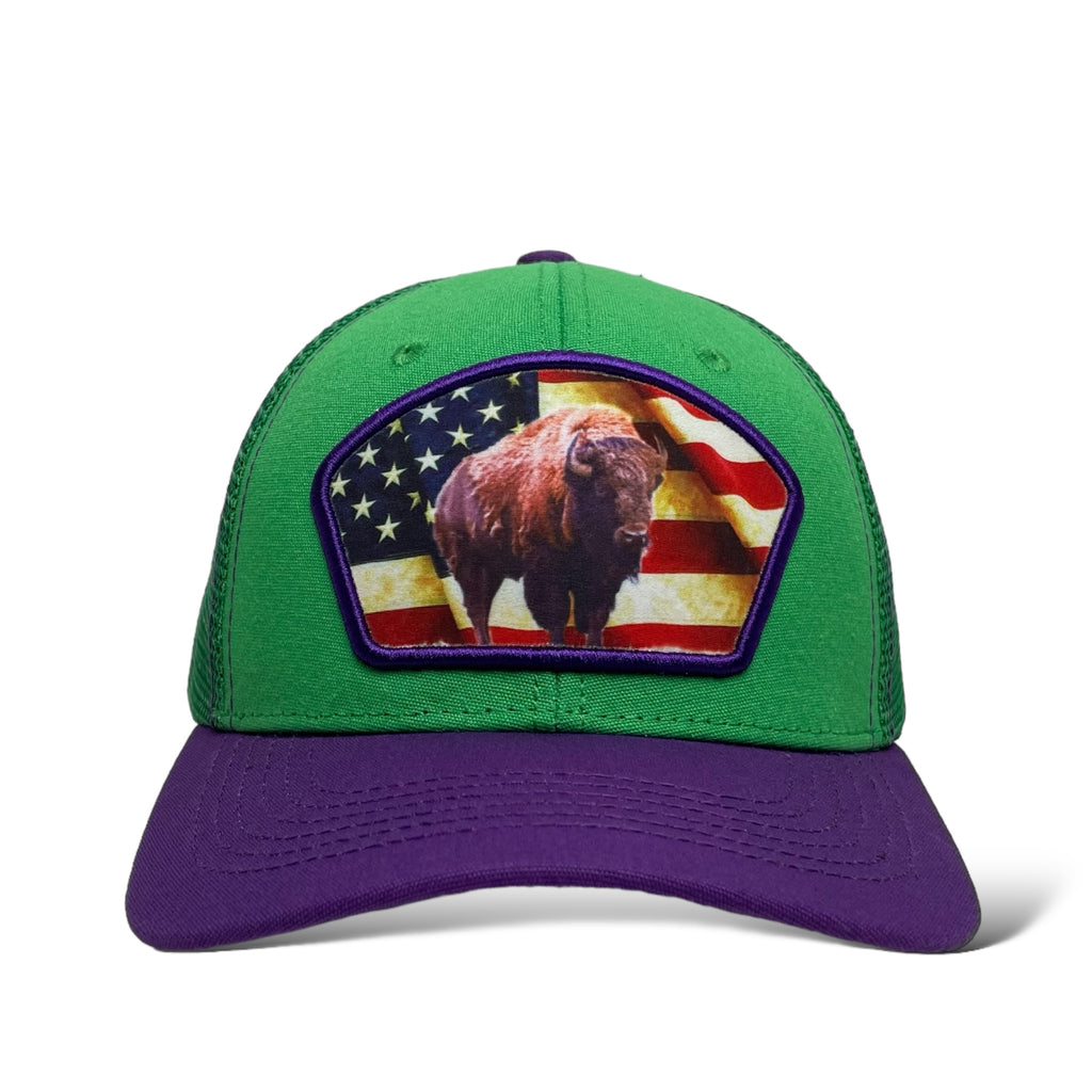 Wholesale Snapback Hat Green Purple USA Flag American Bison - Close Up