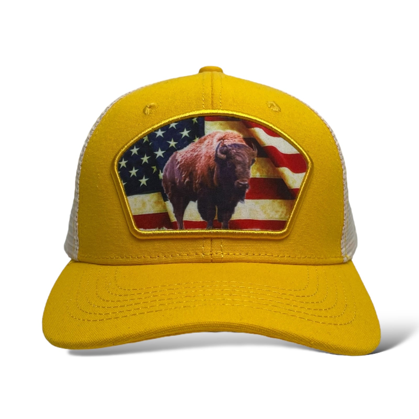 Yellow beige snapback trucker hat featuring American bison and USA flag patch