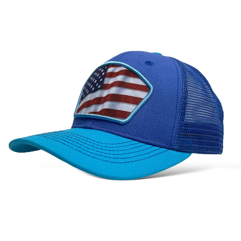 Wholesale Aqua Blue & Blue Trucker Hat with USA Flag Patch - Snapback